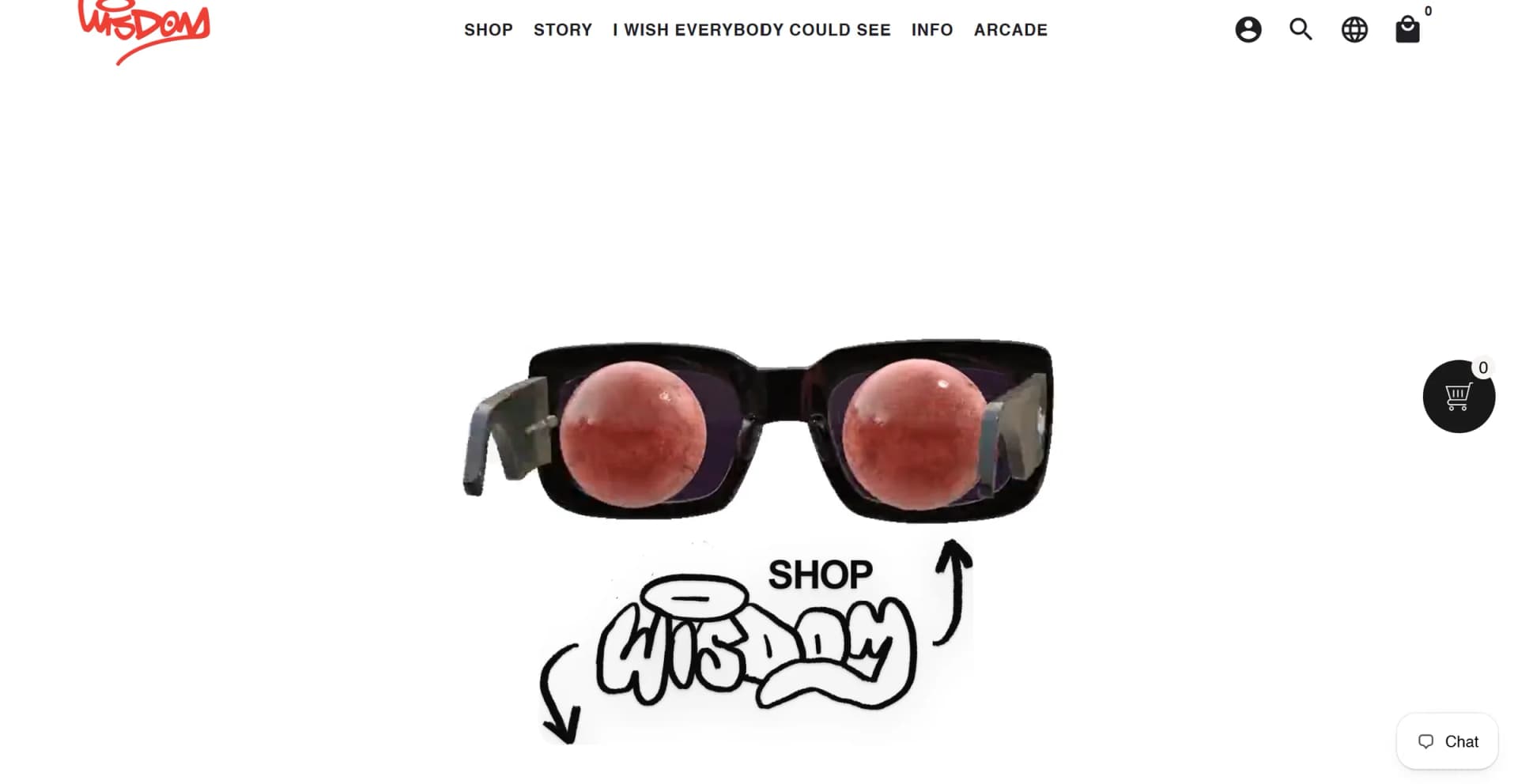 The rebuilt Wisdom ATL homepage with the rotating glasses and the new shop button